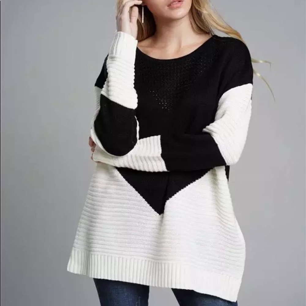 Boho Color Block Oversized Pullover Sweater BLACK
